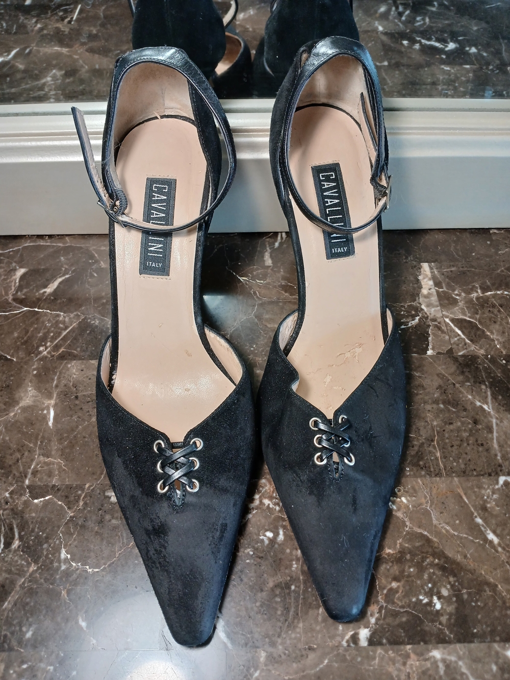 Cavalini Italy Black Pointed Suede Ankle-Strap Pumps
